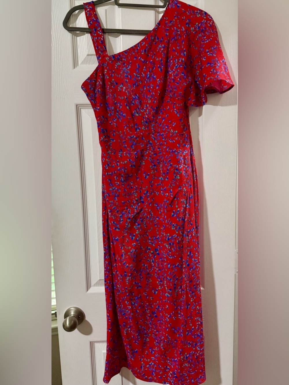 Carolina Herrera Red Floral Midi Dress with Blue Accents